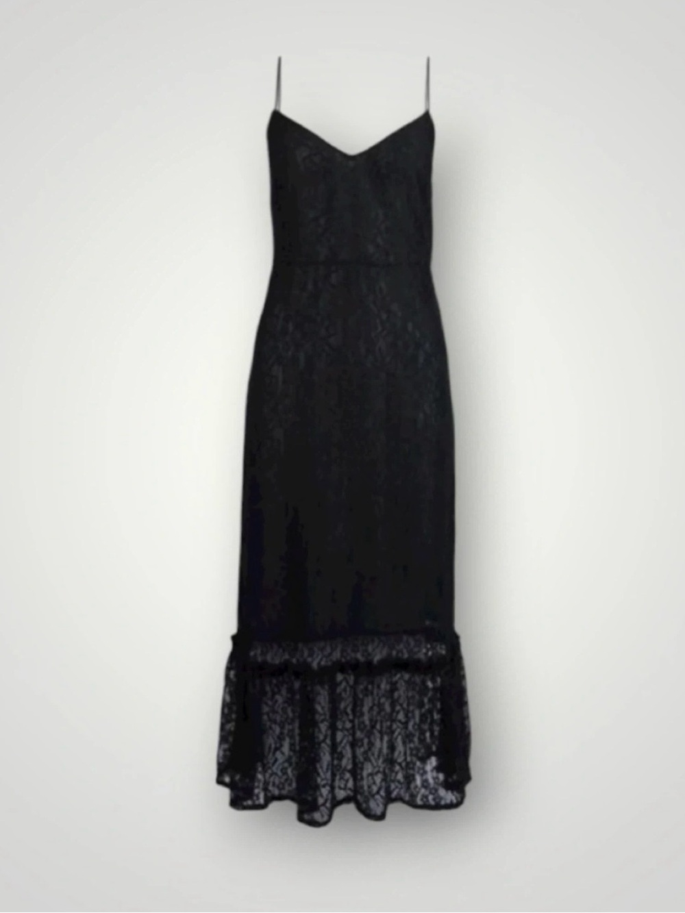 Vila Black Lace Spaghetti Strap Slip Midi Dress with Ruffled Hem
